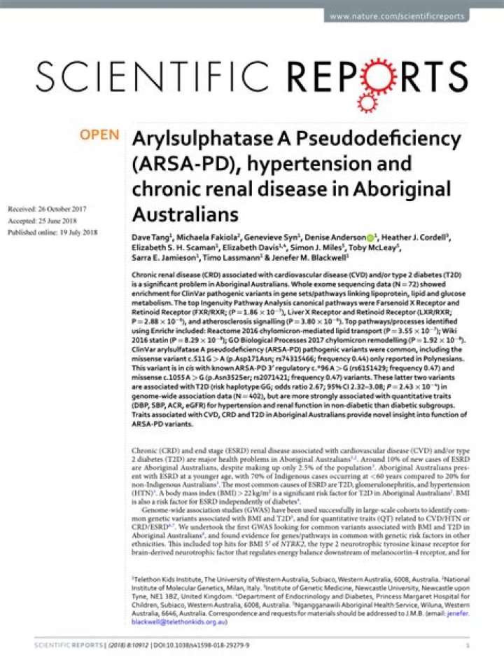 Arylsulphatase A Pseudodeficiency (ARSA-PD), hypertension and chronic renal disease in Aboriginal Australians - ePrints