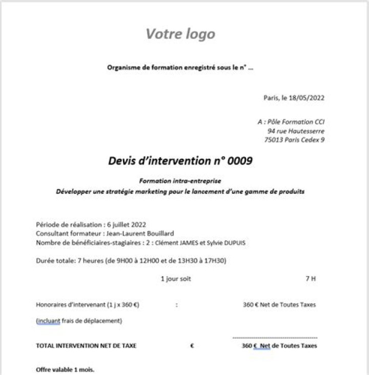Modèle devis formateur Word gratuit : exemple ultra pro