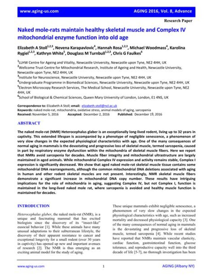 Naked mole-rats maintain healthy skeletal muscle and Complex IV mitochondrial enzyme function into old age - ePrints