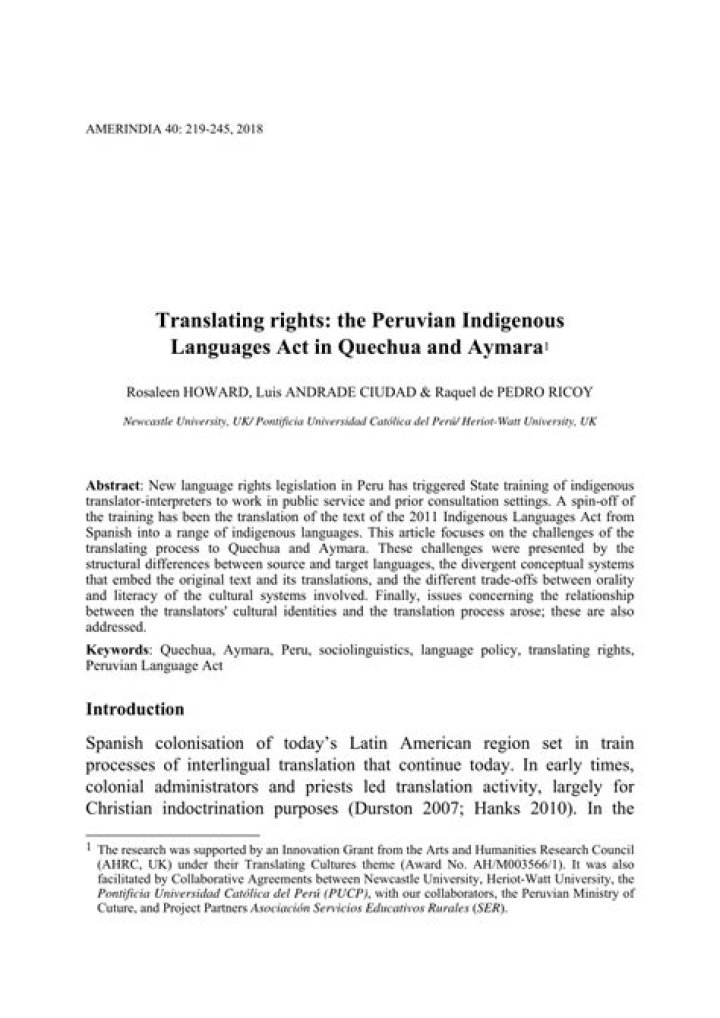 Translating rights: the Peruvian Languages Act in Quechua and Aymara - ePrints